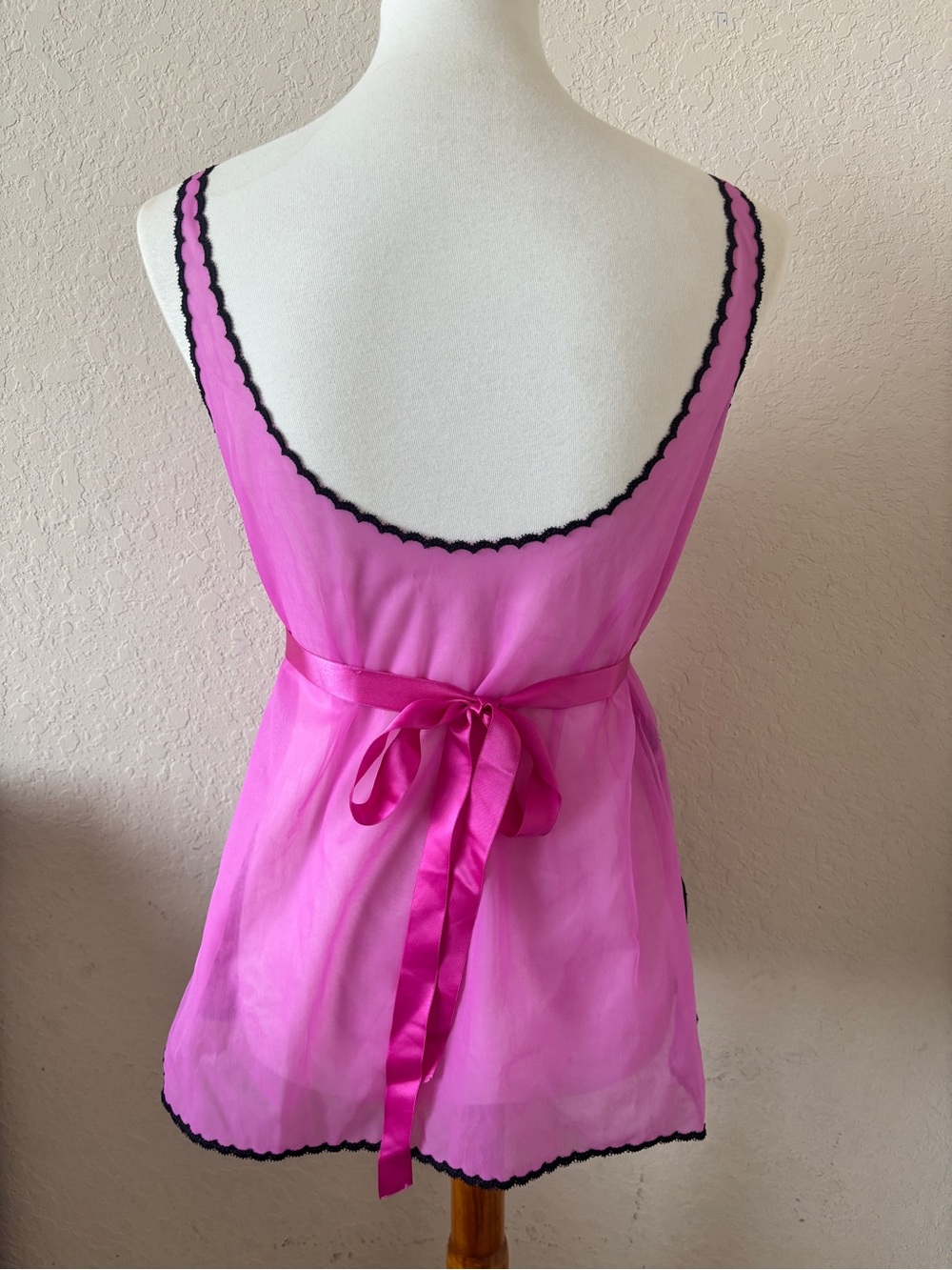 Vintage Vassarette Pink babydoll Y2K cami layering semi sheer black lace trim M - Picture 5 of 6
